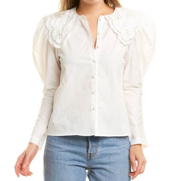 Delfi Collective Flora Peter Pan Collar Puff Sleeve Pearl Button-Down Top - Picture 1 of 8